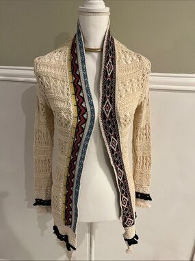 Desigual Cream Crochet Boho Open-Front Cardigan Multicolor Trim XS small